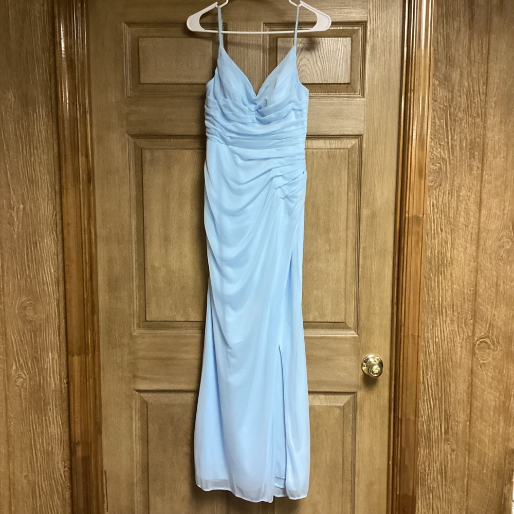 Azazie Deandra Sky Blue Chiffon Spaghetti Strap Cowl Neck Formal Dress Size 2
